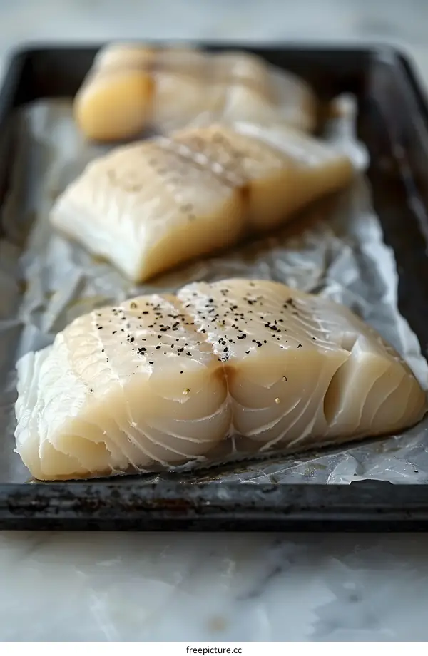 Three pieces of raw white fish fillet on a baking tray