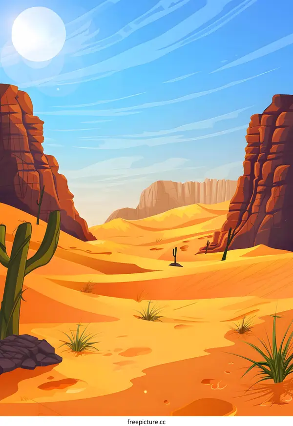 Desert Landscape with Cacti and Cliffs