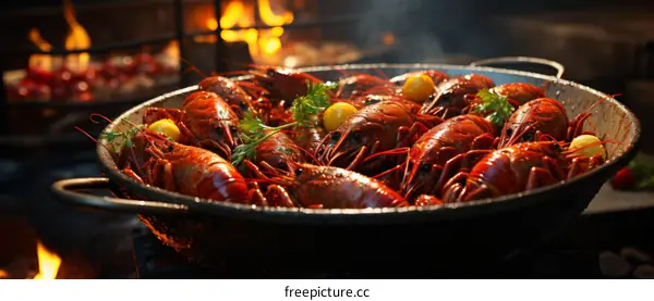 A large pot of boiled crawfish with lemon wedges and parsley