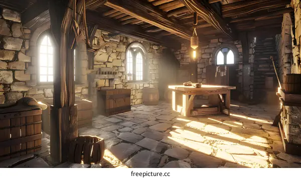 Medieval Castle Interior With Stone Walls and Wooden Beams