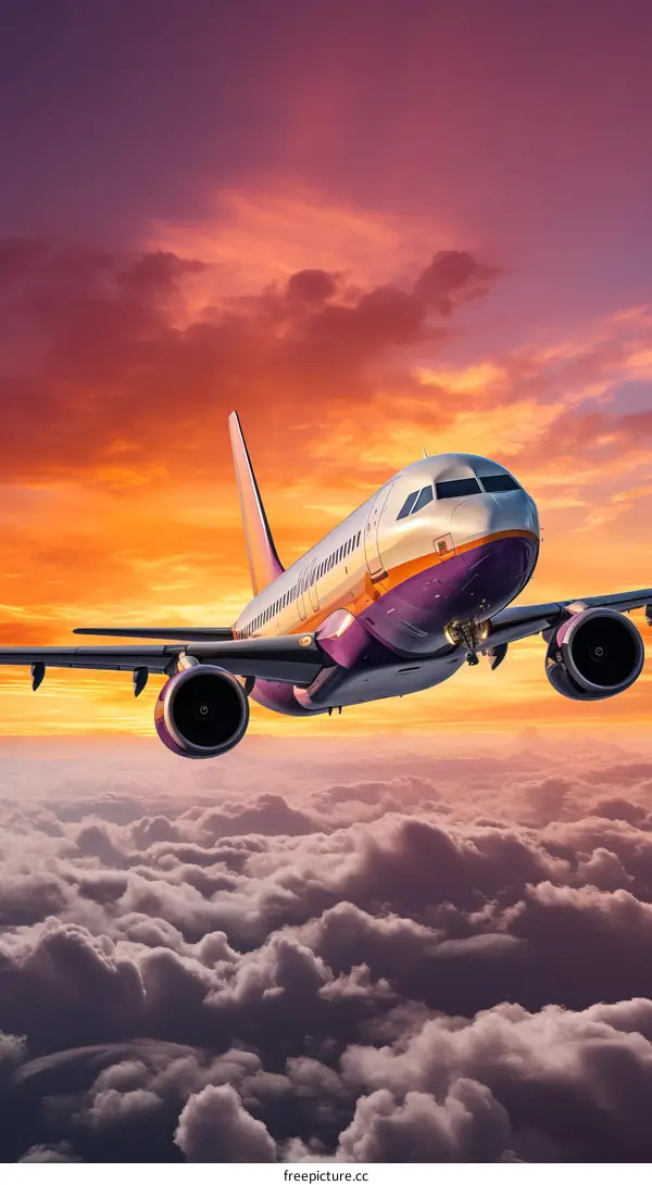 Sunset Airplane Flight Over Clouds