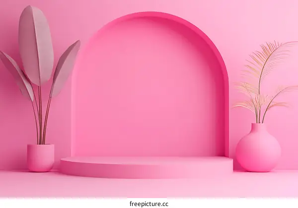 Pink Minimalist Display Background with Plants