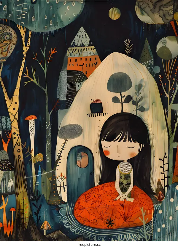 Girl Sitting on a Giant Mushroom in a Forest