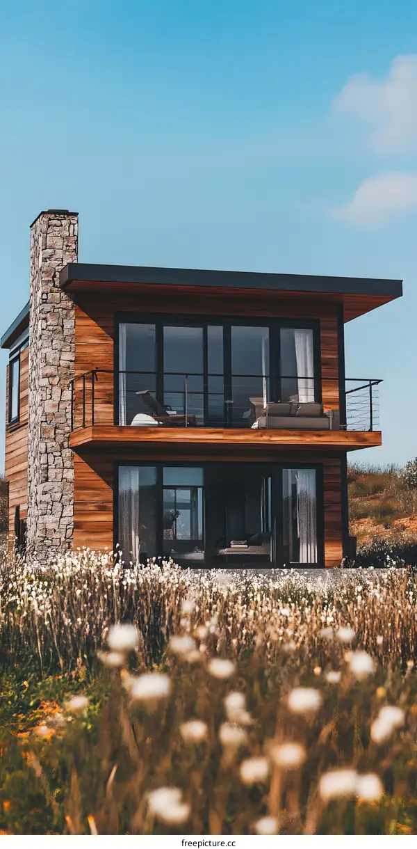 Modern Wooden House with Stone Chimney and Balcony