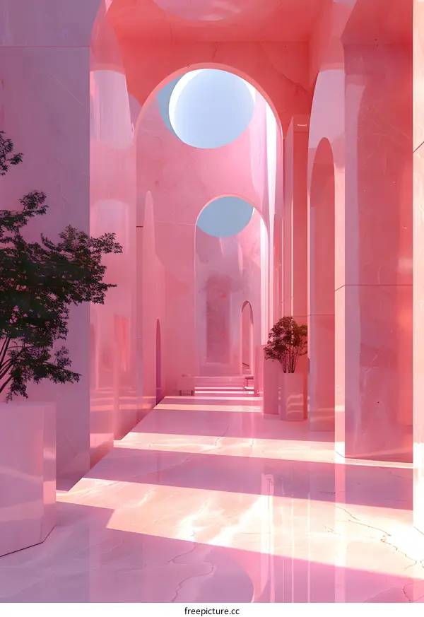 Pink Marble Hallway With Arches and Plants