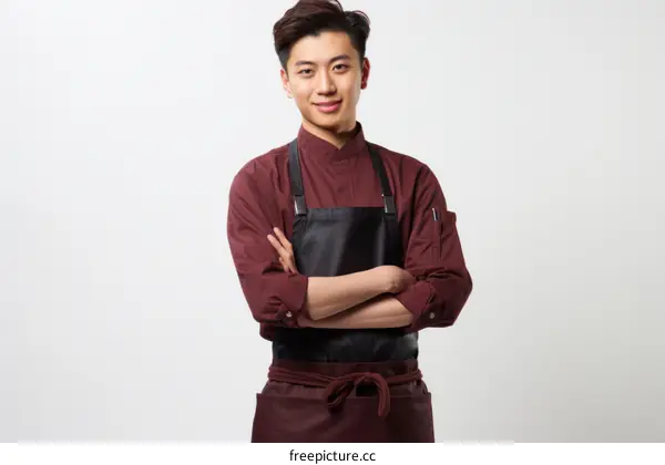 Portrait of a young male chef in a maroon uniform smiling at the camera