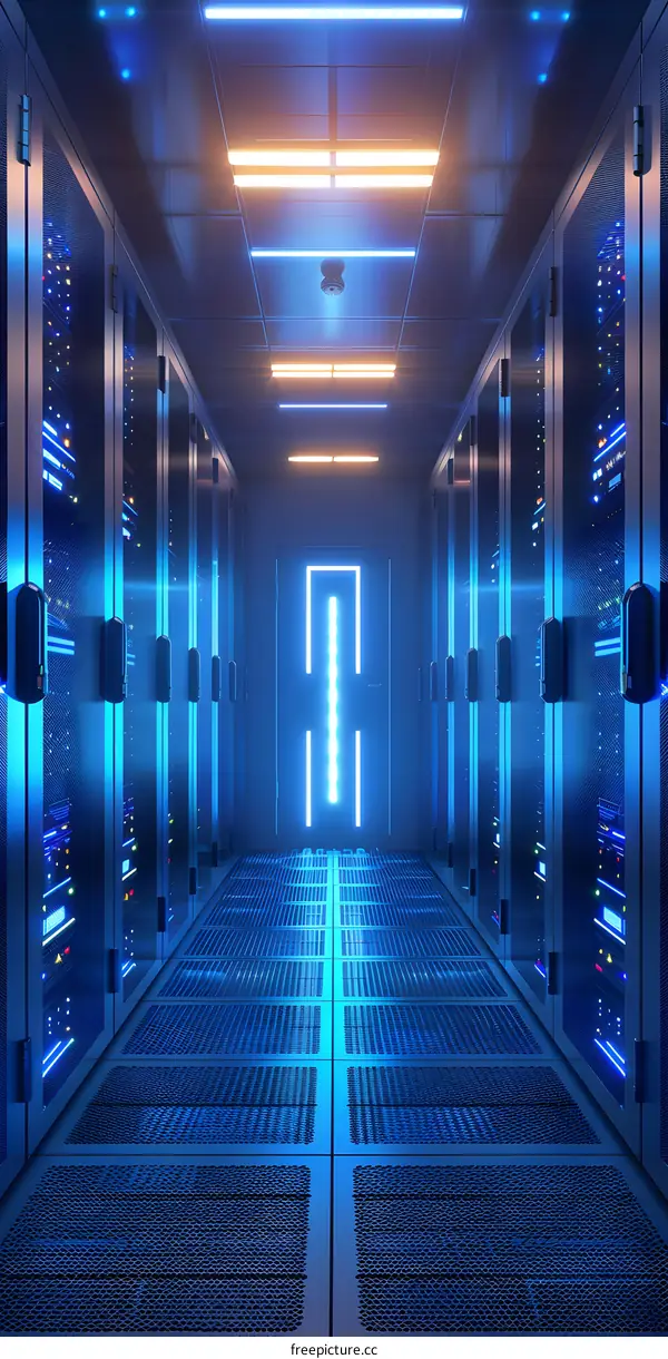 Blue and orange lit futuristic server room