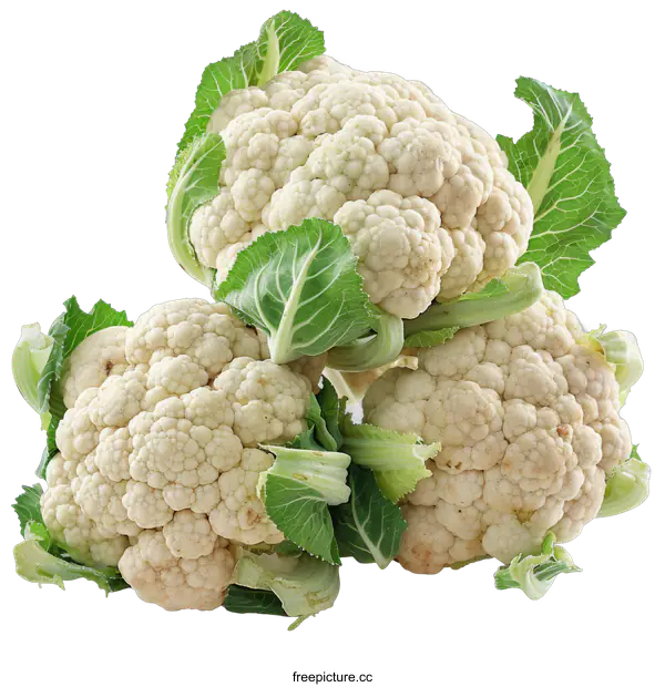 [Transparent Background PNG]Three heads of white cauliflower with green leaves on a transparent background