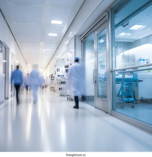 A group of people walking down a hospital hallway