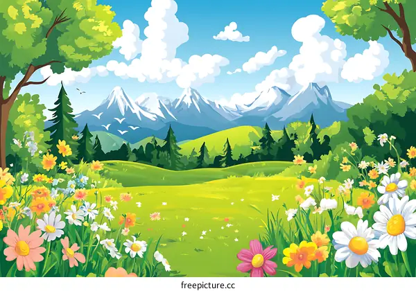 Beautiful Spring Meadow Landscape with Snowy Mountains