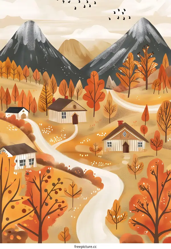 Autumn Landscape with Houses and Winding Road
