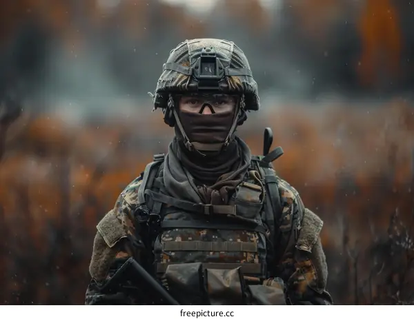 Soldier in Camouflage Uniform and Helmet Holding Gun