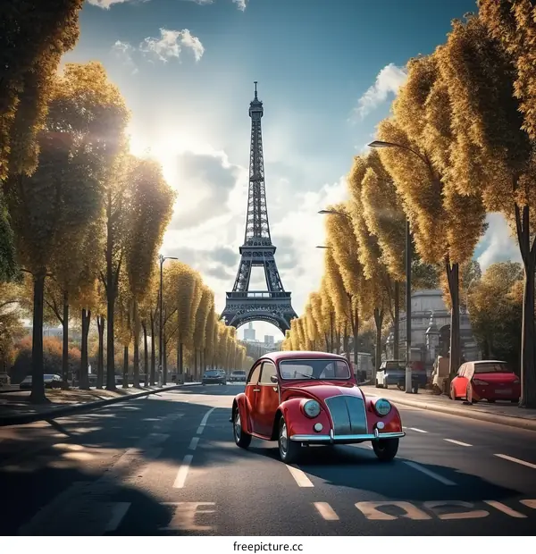 Red Peugeot 208 Car with Eiffel Tower