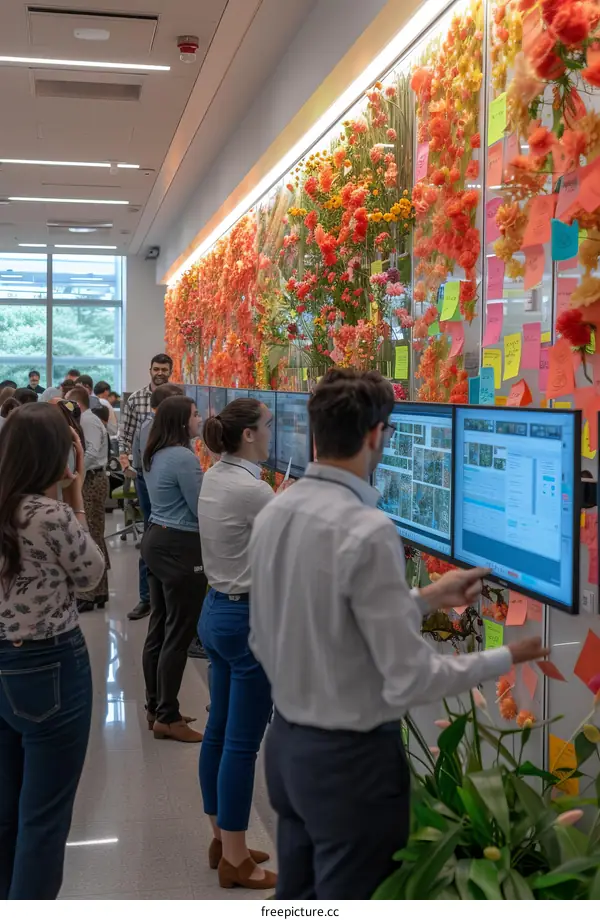 A group of people looking at a large flower wall made of orange and pink flowers.