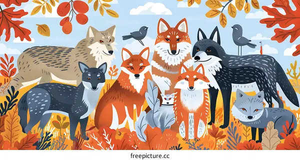 Autumn Wolf and Fox Family Illustration