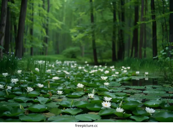 White Water Lilies Flourishing in a Verdant Forest Oasis
