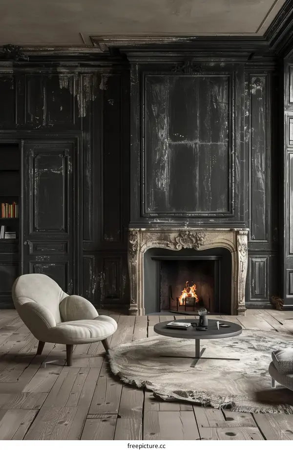 Rundown room with fireplace and armchair