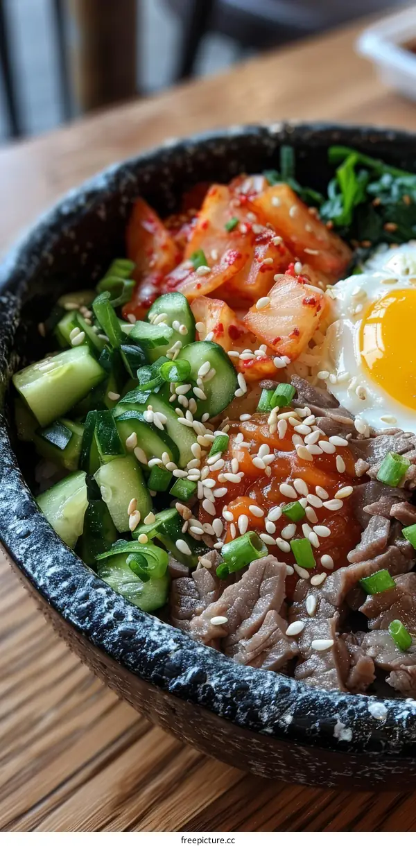 Korean food dish with beef, egg, cucumber, kimchi and sesame seeds