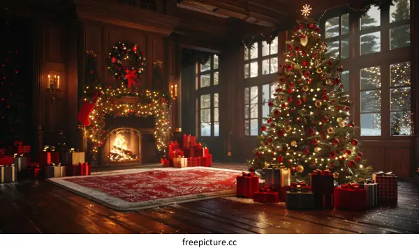 Christmas Tree by the Fireplace with Presents and Decorations
