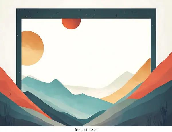 Abstract Minimalist Landscape Illustration with Mountains, Sun, and Stars in a Frame