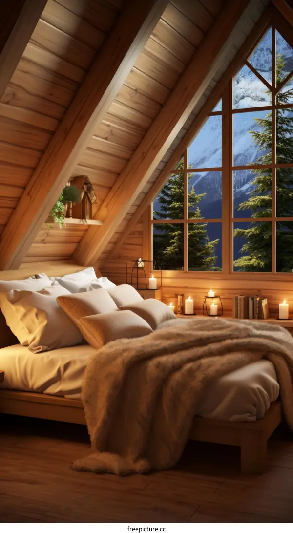Cozy Bedroom in Wooden Cabin with Snowy Mountain View