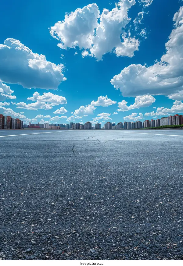 Panoramic view of asphalt road and city buildings under blue sky with clouds
