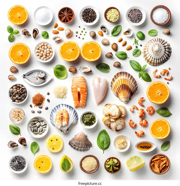 A variety of seafood, fruits, and vegetables are arranged on a white background.