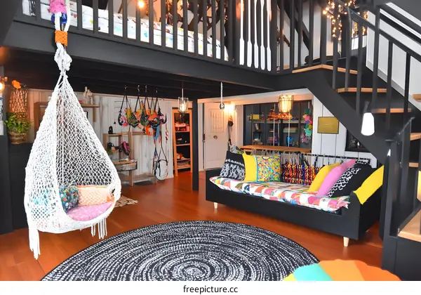 Modern Bohemian Style Living Room with Hanging Chair and Colorful Pillows