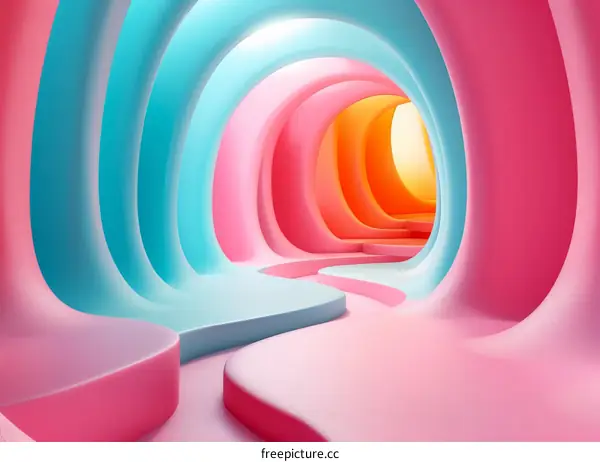 3D rendering of a curved tunnel with a bright light at the end