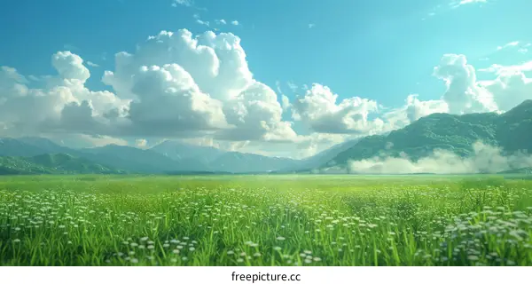 Green Grass Field with Distant Mountains Under White Clouds