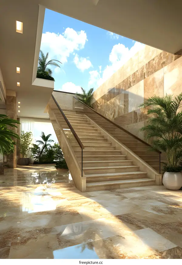 Modern Interior Design with Marble Stairs and Skylight