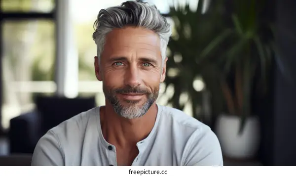 Portrait of a handsome middle-aged man with gray hair and a beard