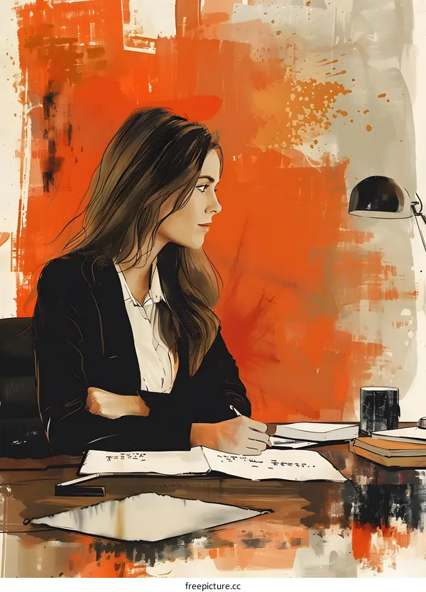 business woman sitting at desk looking out window thinking