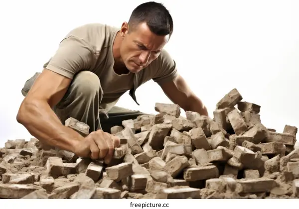 muscular man picking up a brick from a pile