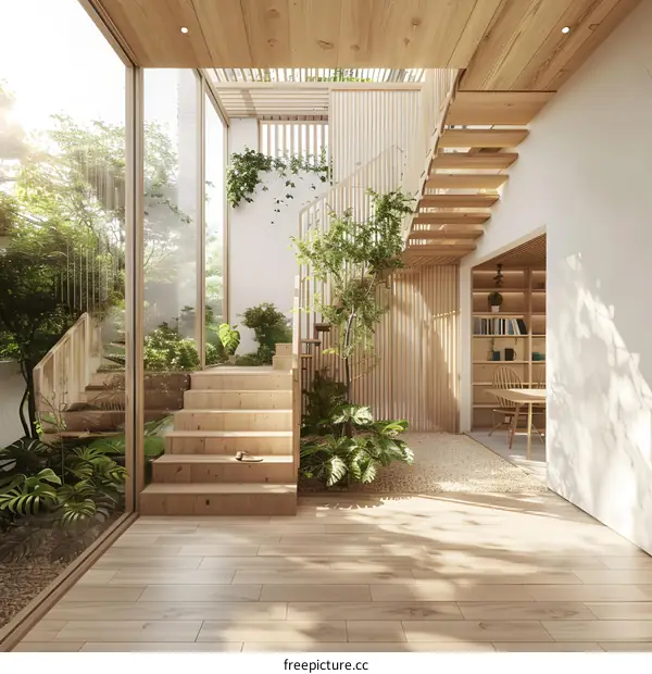 Modern Minimalist Home Interior Design With Wooden Stairs And Greenery