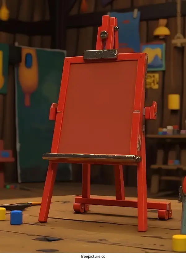 Red Wooden Easel with Blank Canvas in Artist Studio