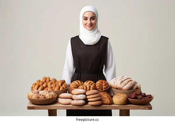 A young woman wearing a hijab stands behind a table full of bread.