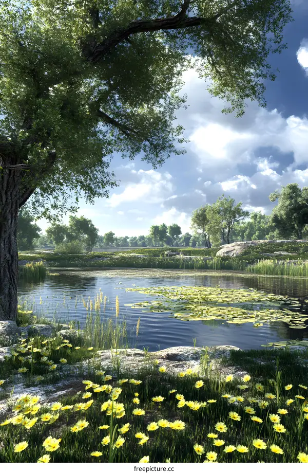 Summer Lake Scene with Blooming Wildflowers