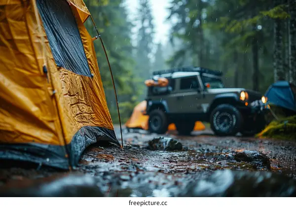 Camping in the rain with a Jeep in the woods