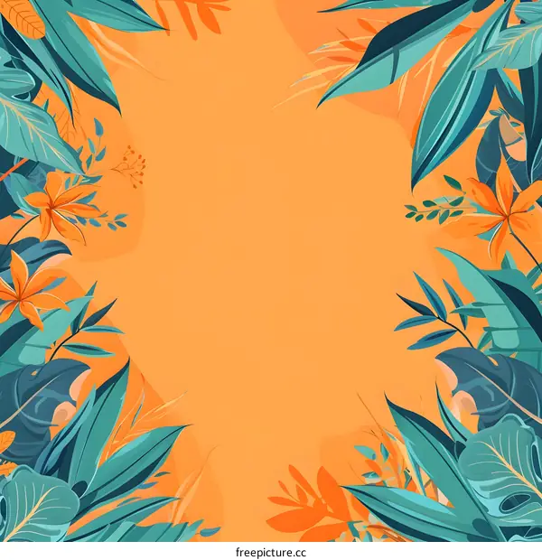 Tropical Leaves and Flowers Orange Background