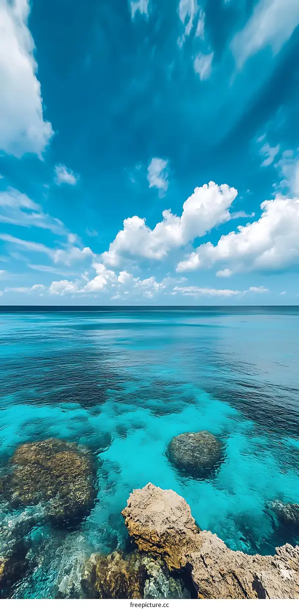 Crystal Clear Ocean Water with Rocks and Blue Sky