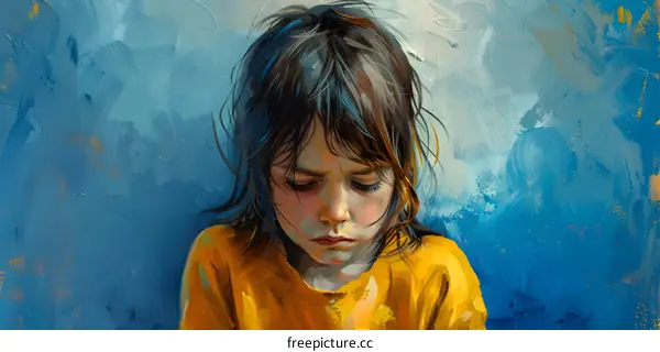 Portrait of a sad girl with brown hair wearing a yellow shirt