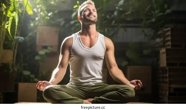 Meditating man in a tropical setting