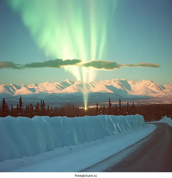 Northern Lights Over Snowy Mountain Range With Road