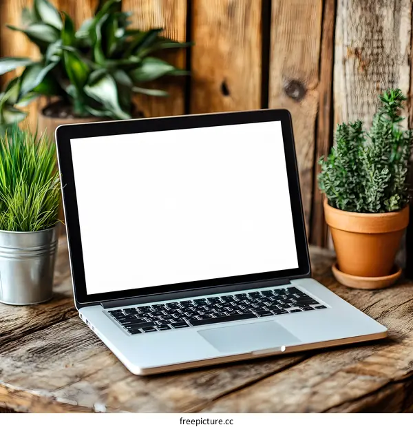 Laptop with Blank Screen on Wooden Table with Plants