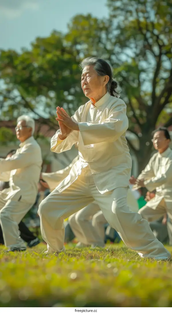 A group of elderly people are practicing Tai Chi in the park