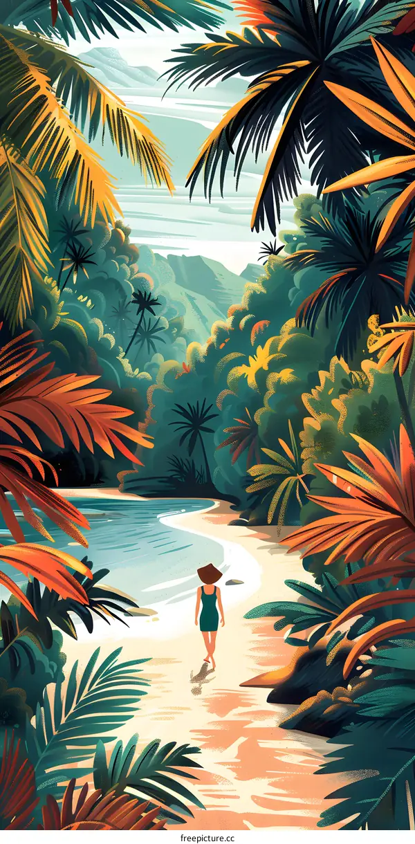 Woman Walking on a Beach with Palm Trees