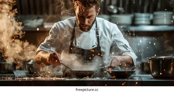 Focused male chef cooking with fire in kitchen