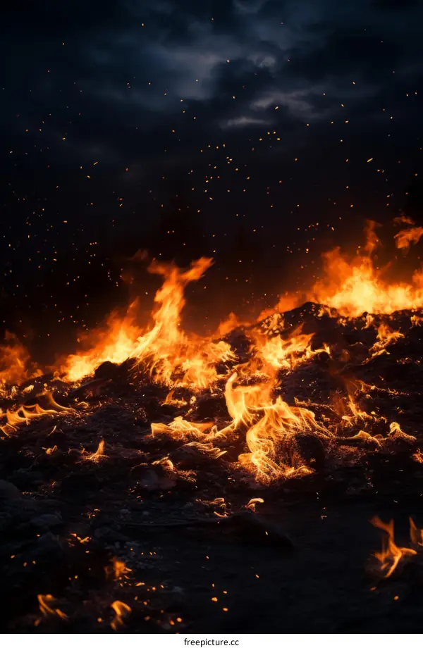 Fire at night consuming a pile of garbage