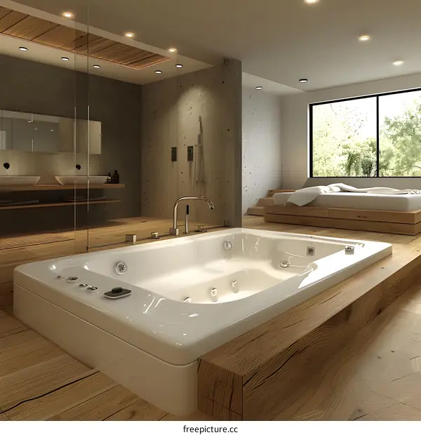 Stylish wooden bathtub in minimal bedroom
